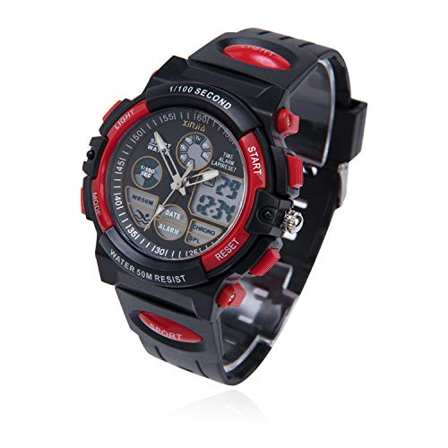 Reloj para Niños, Reloj de Pulsera Analógico Digital Reloj Deportivo 50M Impermeable para Exteriores con Alarma/Cronómetro/luz LED para Adolescentes (Negro-Rojo)