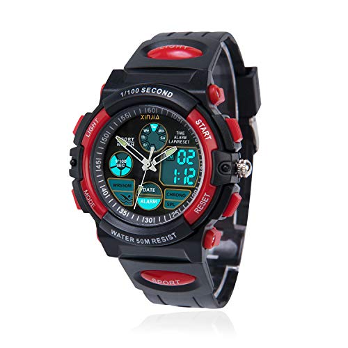 Reloj para Niños, Reloj de Pulsera Analógico Digital Reloj Deportivo 50M Impermeable para Exteriores con Alarma/Cronómetro/luz LED para Adolescentes (Negro-Rojo)