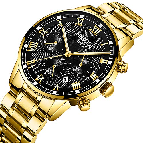 Relojes Hombre Cronógrafo Reloj de Pulsera Calendario Números Romanos con Correa de Acero Inoxidable, Oro Negro