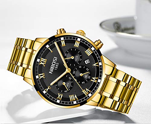 Relojes Hombre Cronógrafo Reloj de Pulsera Calendario Números Romanos con Correa de Acero Inoxidable, Oro Negro