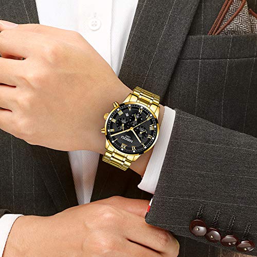 Relojes Hombre Cronógrafo Reloj de Pulsera Calendario Números Romanos con Correa de Acero Inoxidable, Oro Negro