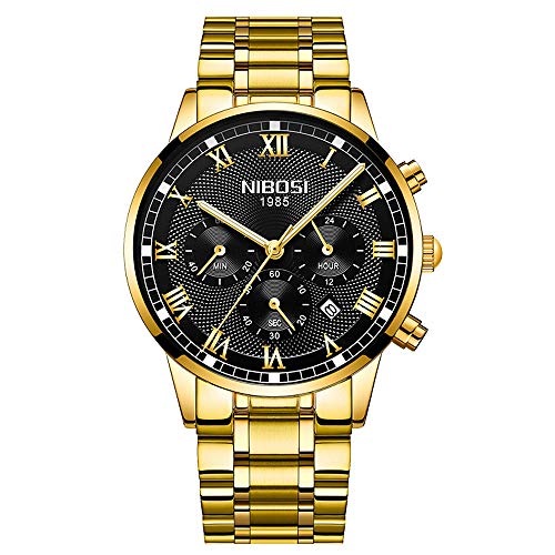 Relojes Hombre Cronógrafo Reloj de Pulsera Calendario Números Romanos con Correa de Acero Inoxidable, Oro Negro