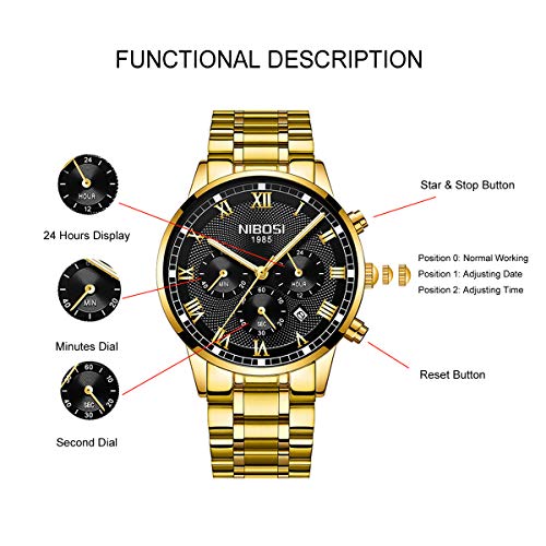 Relojes Hombre Cronógrafo Reloj de Pulsera Calendario Números Romanos con Correa de Acero Inoxidable, Oro Negro