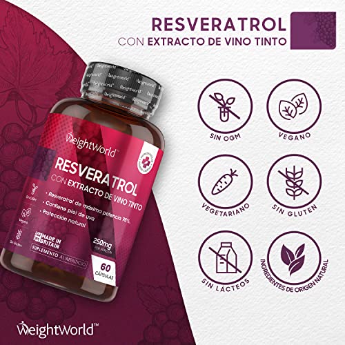 Resveratrol Cápsulas Alta Dosis 60 Cápsulas Veganas - Resveratrol Puro con Extracto de Semilla de Uva, Fuente de Vitaminas y Antioxidantes Vitamina C y Vitamina E para Piel y Articulaciones