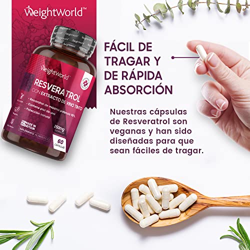 Resveratrol Cápsulas Alta Dosis 60 Cápsulas Veganas - Resveratrol Puro con Extracto de Semilla de Uva, Fuente de Vitaminas y Antioxidantes Vitamina C y Vitamina E para Piel y Articulaciones