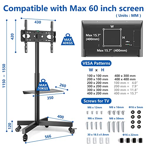 RFIVER Soporte TV con Ruedas para TV de 23 a 60 Pulgadas Soporte Movil de Suelo para Television hasta 40 kg MAX VESA 400x400mm