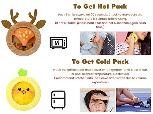 Rhino Valley Compresas de Hielo para Niños, 4 PZS Almohadillas de Refrigeración Reutilizables Terapia Frío Calor Estampado Lindo para Fiebre Dolor Lesiones Muelas Dientes Frente, Ciervo + Gallo