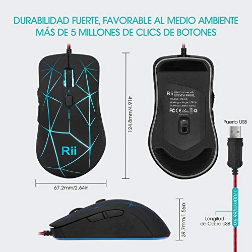 Rii RM106 Ratón Gaming 3200 dpi,ergonómico ratón óptico con Cable USB, de 6 Botones y 4 Niveles de dpi Ajustables. 7 Colores RGB LED y retroiluminación Parpadeante. Color Negro