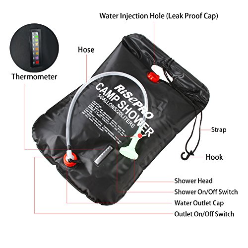 RISEPRO - Bolsa de Ducha Solar de 20 litros para Calentar solares, para Acampada, Ducha, indicador de Temperatura, Agua Caliente, 45 °C, Senderismo, Escalada C1004