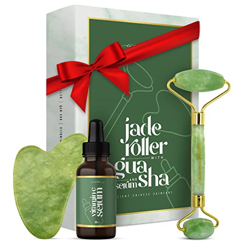 Rodillo de Jade, Masajeador Facial Con Sérum De Ácido Hialurónico, Vitamina C y Colágeno - Rodillo doble Antienvejecimiento, Sérum 30ml Hidratante Antiedad, Rejuvenece Piel De La Cara Cuello y Cuerpo