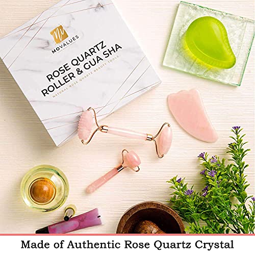 Rodillo Facial de Cuarzo Rosa, Gua Sha y Masajeador para Contorno de Ojos - Set de Masaje para Rostro y Cuello en Piedra de Cuarzo Auténtica 100% Natural | Tonifica, Desinflama Ojeras, Reafirmante