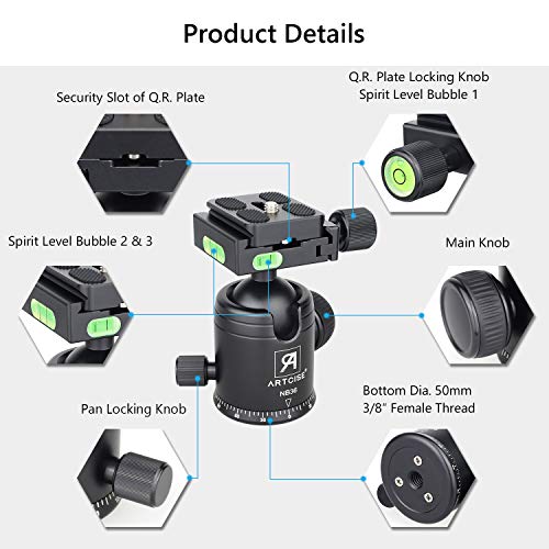 Rótula para Trípode, NB36 Cabeza panorámica de Metal CNC, Bola de 36 mm de diámetro, Tornillo de 1/4", Orificio de 3/8" para trípode y videocámara cámara DSLR, Carga máxima de 33 lb/15 kg