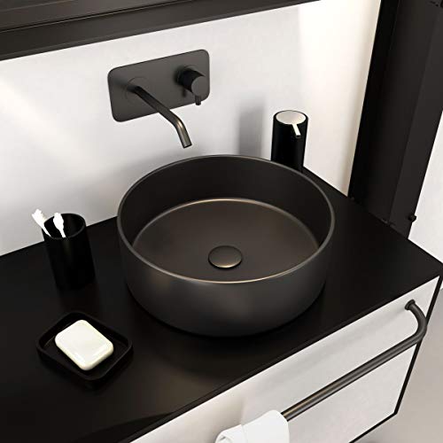 ROUNDY DARK - Lavabo redondo de cerámica, diámetro 36 cm, altura 11,5 cm