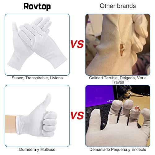 Rovtop 10 Pares Guantes de Tela - Guantes Hidratantes Blancos para Inspeccionar Joyas, Humectantes para Manos Secas y Trabajo Diario（XL, 9.8 Pulgadas）