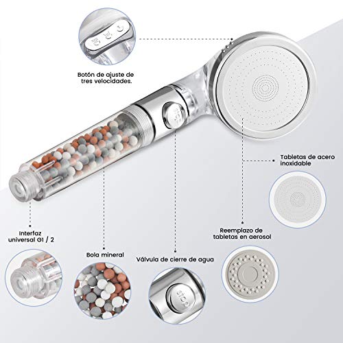 Rovtop Alcachofa de Ducha Válvula de Cierre de Agua - Cabezal de Ducha de Mano Filtración de Alta Presión de Ahorro de Agua con un Paquete Adicional de Repuesto (3 Modos + Botón de STOP)