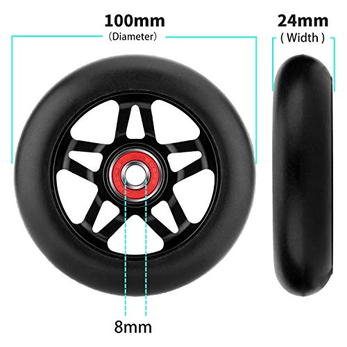 Ruedas de Repuesto Para Scooter de 24 mm x 100 mm con Rodamientos ABEC 7, Ruedas de Scooter 88A con Buen Agarre Para Niños Adultos, 2 Piezas, Color Negro