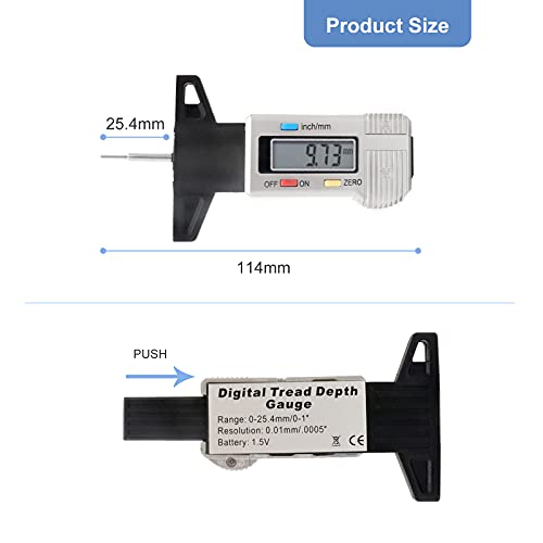 RUIZHI Digital Medidor De Profundidad de los Neumáticos LCD 0-25mm profundidad portátil Neumáticos Neumaticos Desgaste Disco Profundidad Medidor para Coches, Furgonetas, Camiones y Motocicleta （Grey）