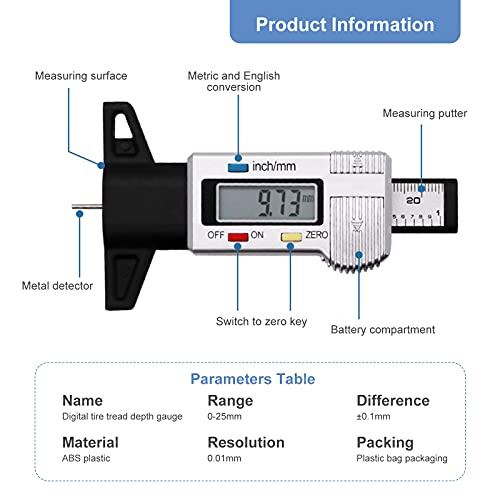 RUIZHI Digital Medidor De Profundidad de los Neumáticos LCD 0-25mm profundidad portátil Neumáticos Neumaticos Desgaste Disco Profundidad Medidor para Coches, Furgonetas, Camiones y Motocicleta （Grey）