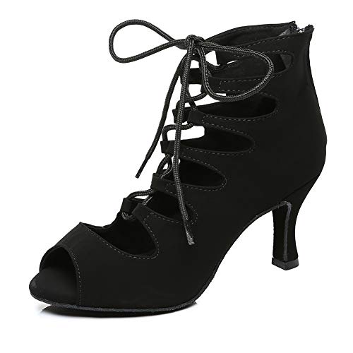 RUYBOZRY Botas de Baile Latino Mujer Botines Punta Abierta con Cordones Zapatos de Baile de Salon,YCL456-Negro-7.5,EU37