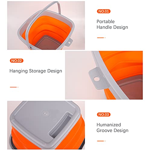 RYHX Cubo De Agua De Silicona Plegable De 10L, Cubo Multifuncional, Cuadrado, Cubo Para Limpiar En Casa, Contenedor De Agua PortáTil, Camping, Pesca, Lavado De Autos, Cocina（Naranja ）