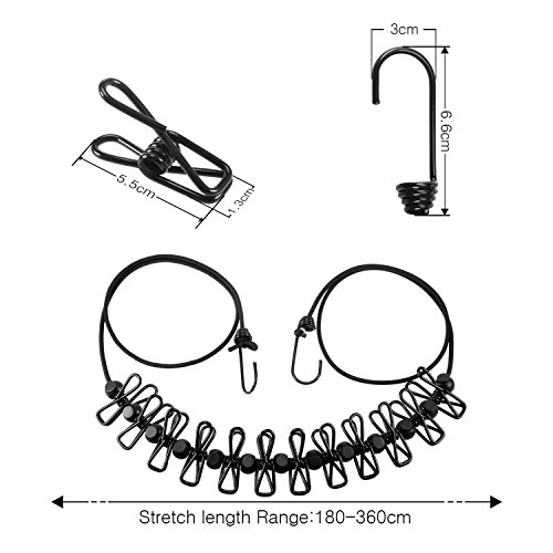 RYMALL Portátil Tendedero, Elástico Ajustable retráctil Antideslizante a Prueba de Viento Cuerdas para Ropa, al Aire Libre y para Viajes de Campamento Senderismo, 12 Pinzas 180-360cm (Negro)