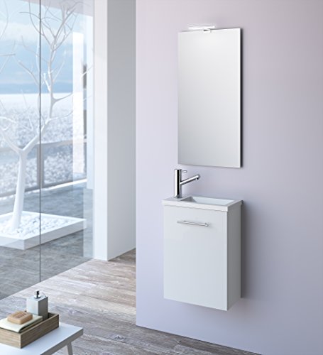 Salgar Bath Mini Mueble lavamanos de baño, suspendido, con 1 Puerta de Cierre amortiguado, Madera, Brillo Lacado-Blanco, 39x21.8x54 cm