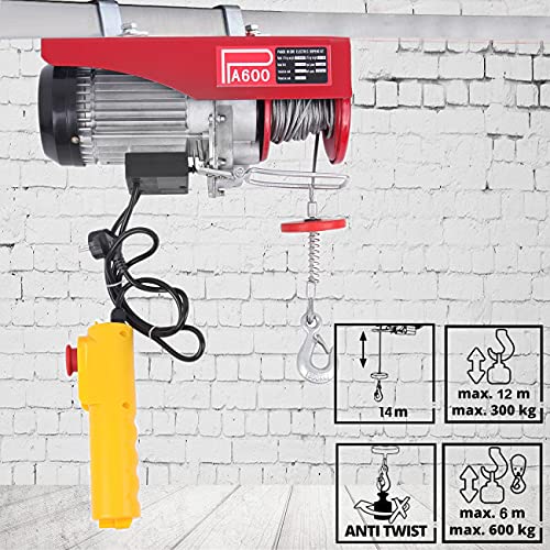 Samger Polipastos Electricos 220V Cabestrante Eléctrico 300/600KG 1200W Elevador Electrico con Mando a Distancia y Cable para el Hogar, Taller, Garaje