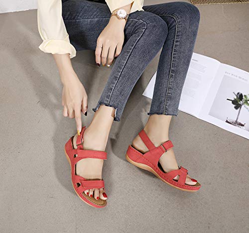 Sandalias con Punta Abierta para Mujer de Cuero Cómodo Sandalias de Caminar Antideslizantes Zapatos de Viaje Verano Playa con Ajustable al Tobillo Rojo Talla: 42 EU