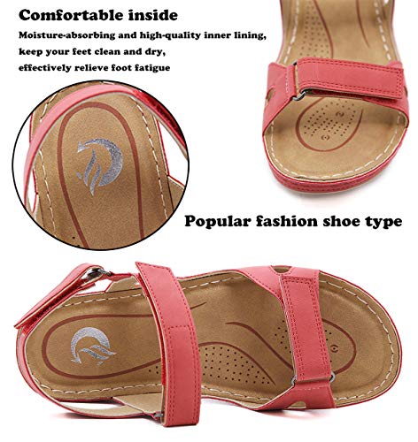 Sandalias con Punta Abierta para Mujer de Cuero Cómodo Sandalias de Caminar Antideslizantes Zapatos de Viaje Verano Playa con Ajustable al Tobillo Rojo Talla: 42 EU