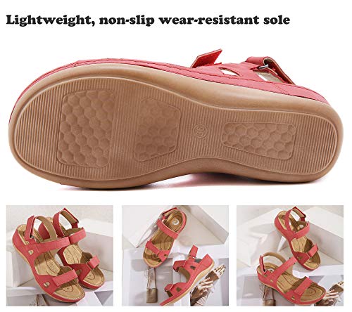 Sandalias con Punta Abierta para Mujer de Cuero Cómodo Sandalias de Caminar Antideslizantes Zapatos de Viaje Verano Playa con Ajustable al Tobillo Rojo Talla: 42 EU