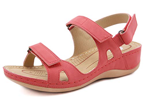 Sandalias con Punta Abierta para Mujer de Cuero Cómodo Sandalias de Caminar Antideslizantes Zapatos de Viaje Verano Playa con Ajustable al Tobillo Rojo Talla: 42 EU