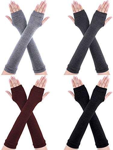 SATINIOR 4 Pares de Guantes Largos sin Dedos Guantes hasta Codo con Agujero de Pulgar Calentadores de Brazo para Mujeres (Conjunto de Colores 2)