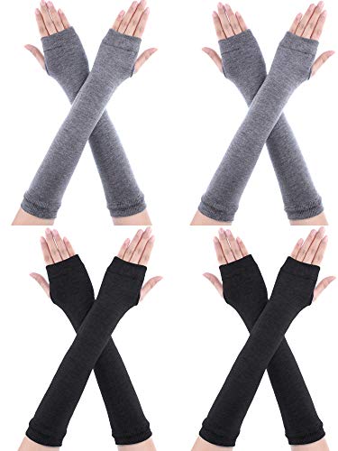 SATINIOR 4 Pares de Guantes Largos sin Dedos Guantes hasta Codo con Agujero de Pulgar Calentadores de Brazo para Mujeres (Conjunto de Colores 3)