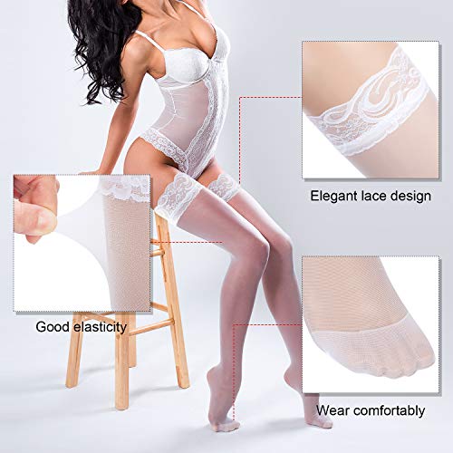 SATINIOR Medias Altas de Muslo de Encaje Medias Opacas Una Talla para Mujeres Chicas (Blanco)