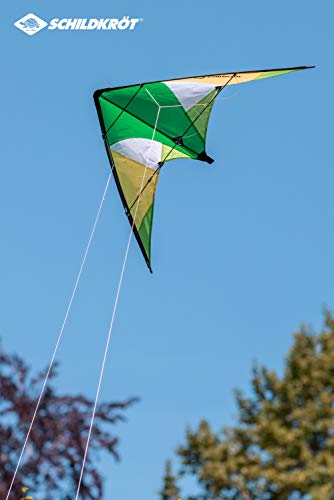 Schildkröt-Lenkdrache Stunt Kite 133, Cometa Acrobática de Dos Líneas, 10 años, 60x133cm, Incl. Cordones de Poliéster de 25 KP, 2x30m en Bobinadora, Escala Beaufort 3-5, 970430, Color Verde