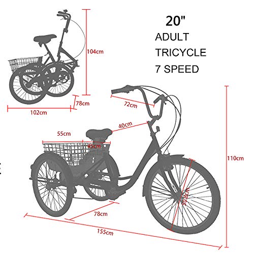 Sehrgo ZEHNHASE Triciclo para Adultos con cestas, 24 Pulgadas 7 Marchas, Bicicleta de Triciclo Plegable con Marco de aleación - Gris Plateado (24 Pulgadas)