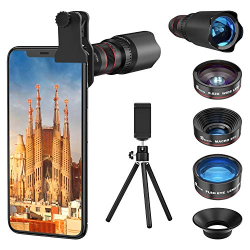 Selvim Lentes para Teléfono Móvil, 9 en 1 Kit con 22X Teleobjetivo, 235° Fisheye, 0.62X Gran Angular, 25X Macro, Versión Actualizada con Lentes BLU-Ray para Mejor Resolución, Universal iOS Android