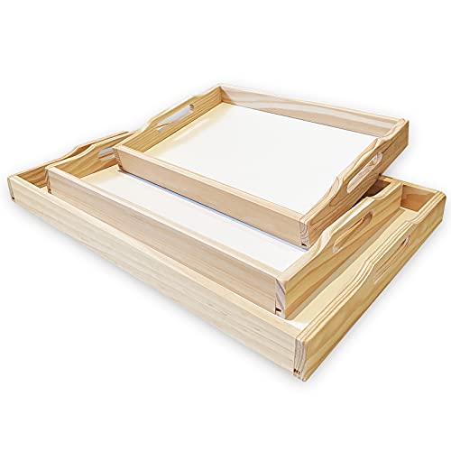 SET 3 Bandejas para servir comida de madera natural rectangular. Bandeja perfecta para desayuno en cama, cocina o sofa.