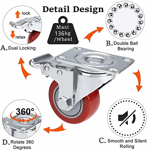 Set de 4 Ruedas Giratorias con Freno, 75mm Diámetro Industriales Ruedas para Muebles, Capacidad de carga máxima 1200 lbs (Rojo) (Rojo y plata)