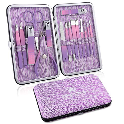 Set Manicura Pedicura 16 Piezas, Profesional Cortaúñas Acero Inoxidable Grooming Kit con Bonita Caja (Púrpura)