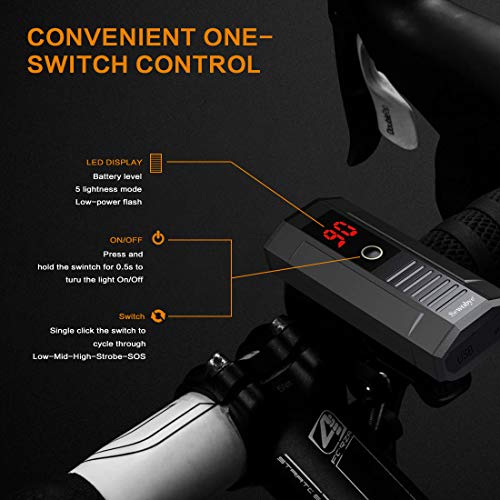 SEWOBYE Luz Bicicleta Led Alta Potencia 2400 Lúmenes, Luces Bicicleta Recargable USB Delantera con Pantalla Led, Luz Bici de Montaña 5 Modes y Luz Bici Trasera