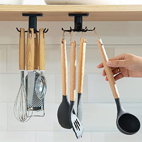 SHBaizoy ganchos para utensilios de cocina giratorios de 360° Set de 2,Soporte de Utensilios Cocina con 6 ganchos,organizador de almacenamiento sin perforaciones,para cocina/baño/armario (negro).