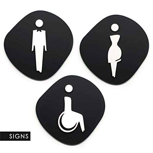 Signs - Elegant, Set 3X- Cartel Aseos Señales Adhesivas - Cartel Baño Hombre Mujer Discapacitado - Cartel Puerta Señal aseos - Cartel Puerta WC - Señal baño discapacitados (Prime Piedra - Negro)