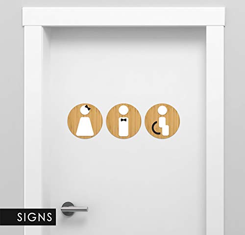 Signs - Styled Knot, Set 3X- Cartel Aseos Señales Adhesivas - Cartel Baño Hombre Mujer Discapacitado - Cartel Puerta Señal aseos - Cartel Puerta WC - Señal baño discapacitados (Prime Ronda - Bambú)