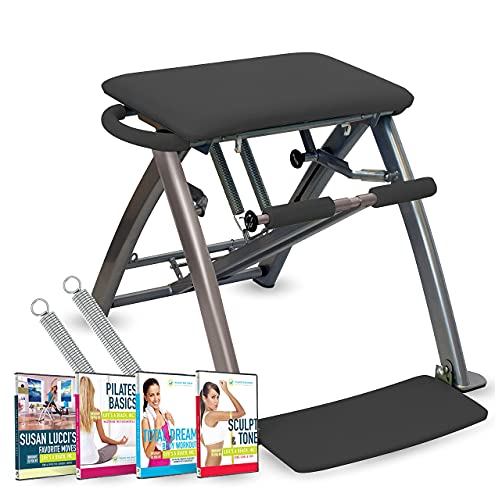 Silla de Pilates Fit – Paquete de entrenamiento con 4 DVD instructivos + ejercicios de pilates en casa + entrenamiento total en casa + niveles de resistencia ajustables