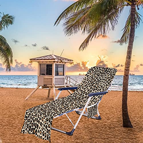 Silla De Salón Playa Toalla Leopardo Estampado Playa Silla De Playa Cubierta De Silla De Chaise Tapa De Silla Con Bolsillos De Almacenamiento Lateral Para Piscina, Tumbona, Hotel, Vacaciones, 75x210cm