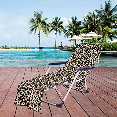 Silla De Salón Playa Toalla Leopardo Estampado Playa Silla De Playa Cubierta De Silla De Chaise Tapa De Silla Con Bolsillos De Almacenamiento Lateral Para Piscina, Tumbona, Hotel, Vacaciones, 75x210cm