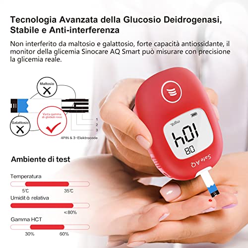 Sinocare Medidor de Glucosa en Sangre, Kit de Prueba de Glucosa en Sangre, 25 x Tiras de Prueba de Glucosa en Sangre y Dispositivo de Punción - mg/dL (Safe AQ Smart)