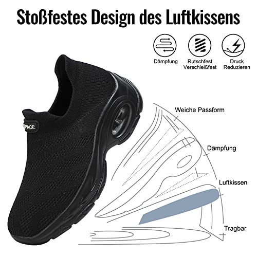 Sixspace Zapatos para caminar para mujer - Calcetín zapatillas de deporte sin cordones para mujer, negro (All Black-497), 38 EU