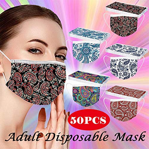 skiyy 50 Piezas Unisexo Adulto Protección 3 Capas con Elástico, Impresión de Flores de Anacardo, para Diario, Trabajo, Actividades al Aire Libre-SilenceID-120108 (Multicolor C2)